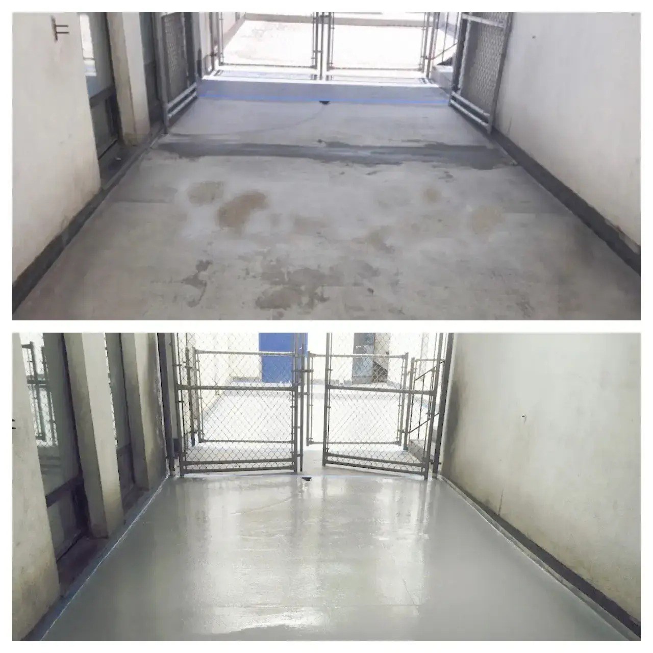 Before and after: basement hallway floor