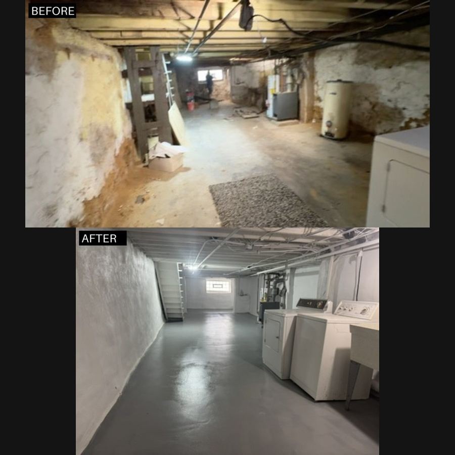 Before and after of basement waterproofing by Dependable Concrete in a Philadelphia home (4)
