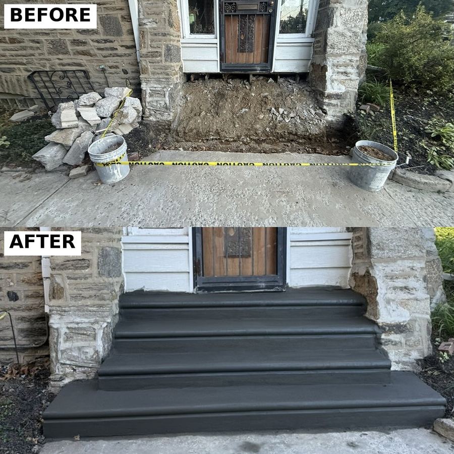 Before and after of concrete steps rebuilt by Dependable Concrete at a Philadelphia home (1)