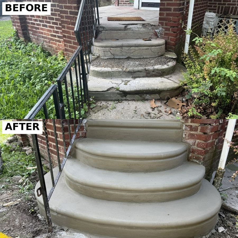 Before and after of concrete steps rebuilt by Dependable Concrete at a Philadelphia home (2)