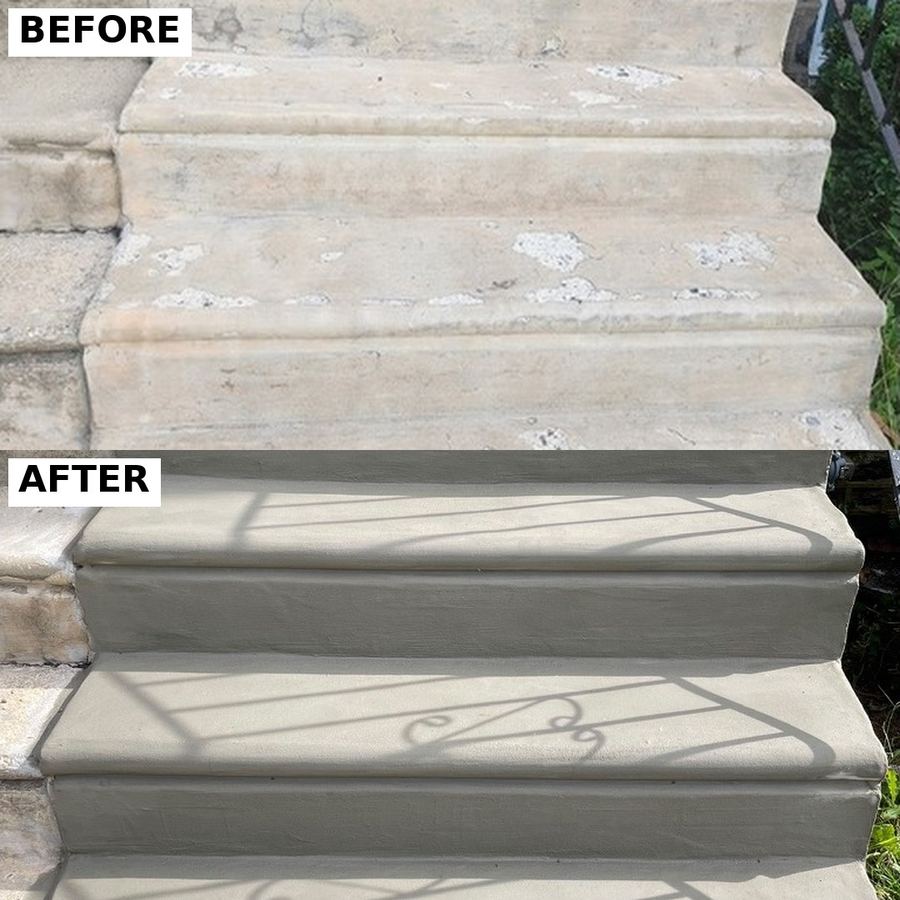 Before and after: worn, chipped concrete steps replaced with new concrete steps in Philadelphia