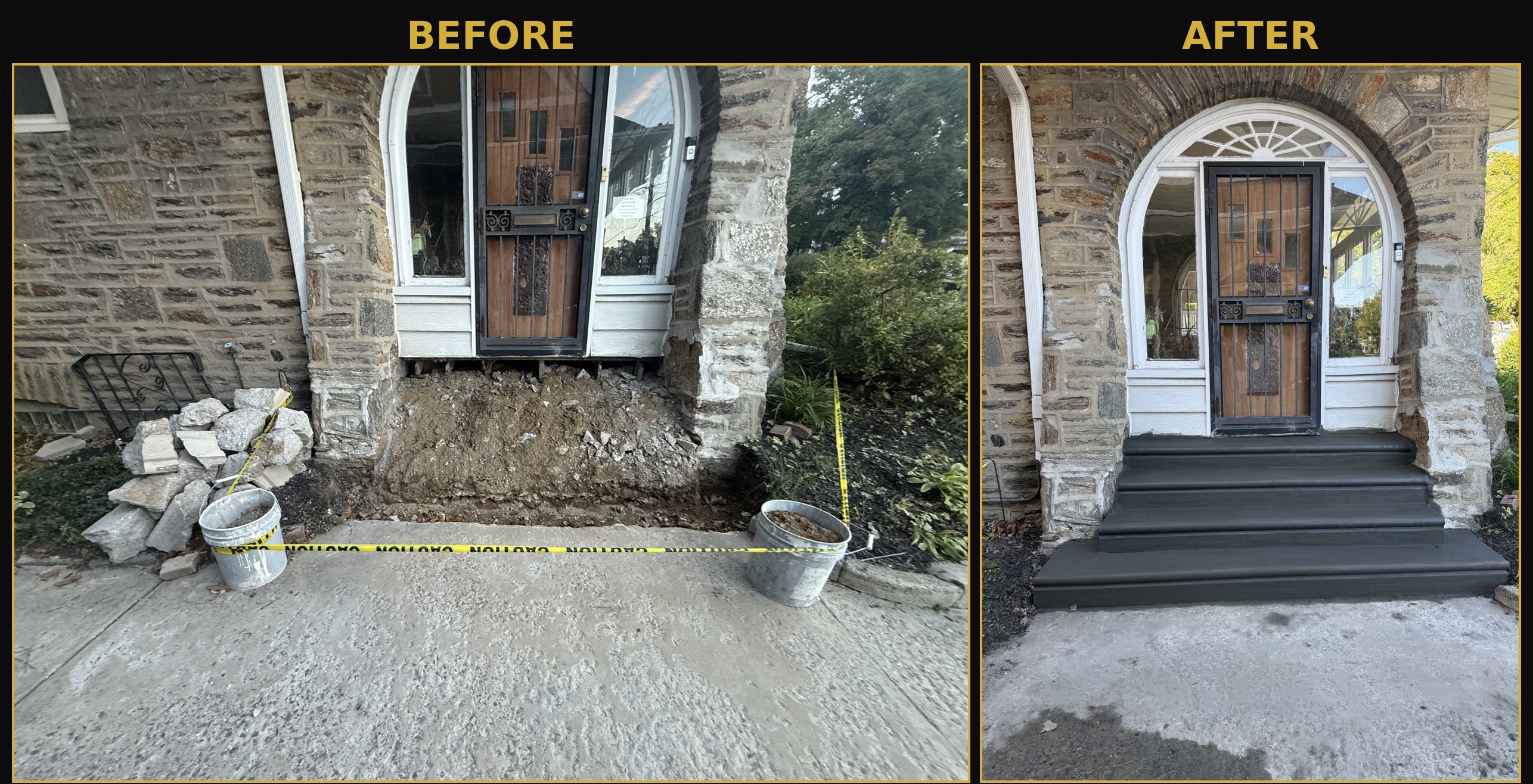 Front entrance concrete steps rebuilt at a stone rowhome in Philadelphia, before and after