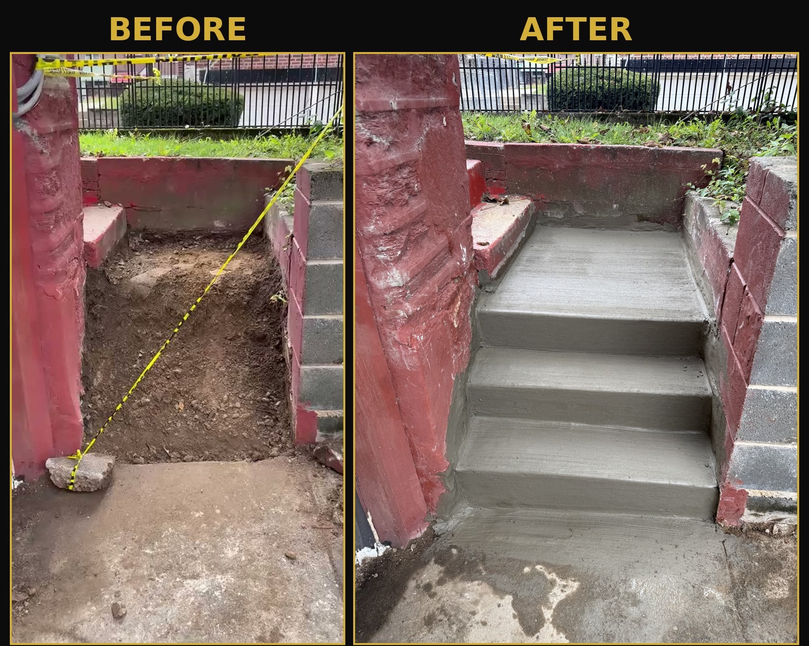 Excavated entry area and new poured concrete entry steps in Philadelphia 19150, before and after