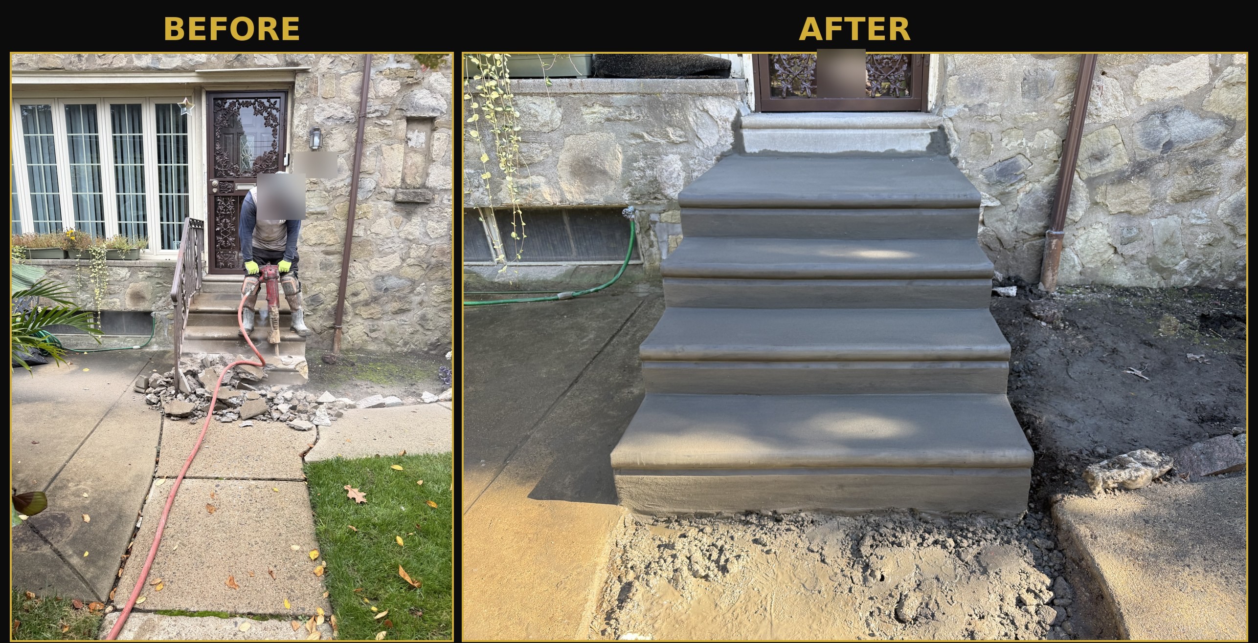 Old front steps being broken out and new poured concrete front steps with bullnose treads in Philadelphia 19150